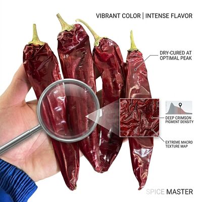 Piments rouges séchés entiers de qualité d'exportation naturelle séchée Chili Rojo 5-8cm 20000-50000SHU en vrac avec tige